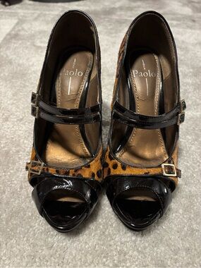 Paolo Leopard Print Peep-Toe Heels with Black Patent Straps